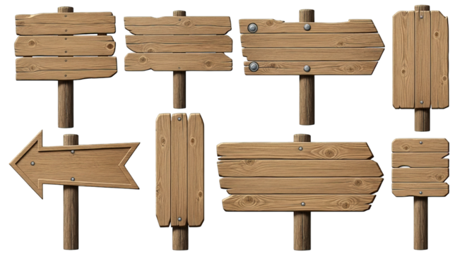 An assortment of eight aged wooden signs, each mounted on a wooden post, against a dark background