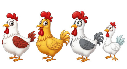 Cartoon drawing of four whimsical chickens with silly expressions on a stark black background.