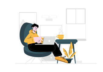 Flat illustration man working on a laptop at home