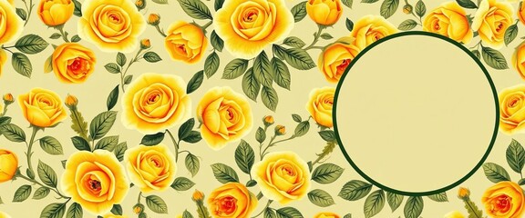 Vintage floral seamless pattern featuring yellow rosebuds, leaves, and a circular frame in corner vignettes,  summer,  elegant