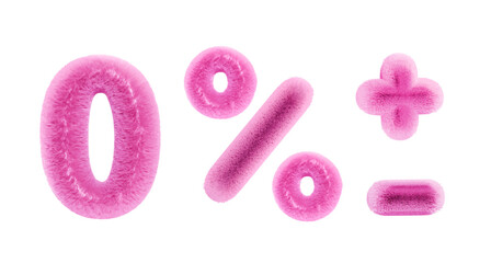 3D cute number 0, plus, minus, percent sign. Set of fluffy fuzzy pink numbers for birthdays, bonuses, New Year, and promotions. Vector illustration in rose tones.