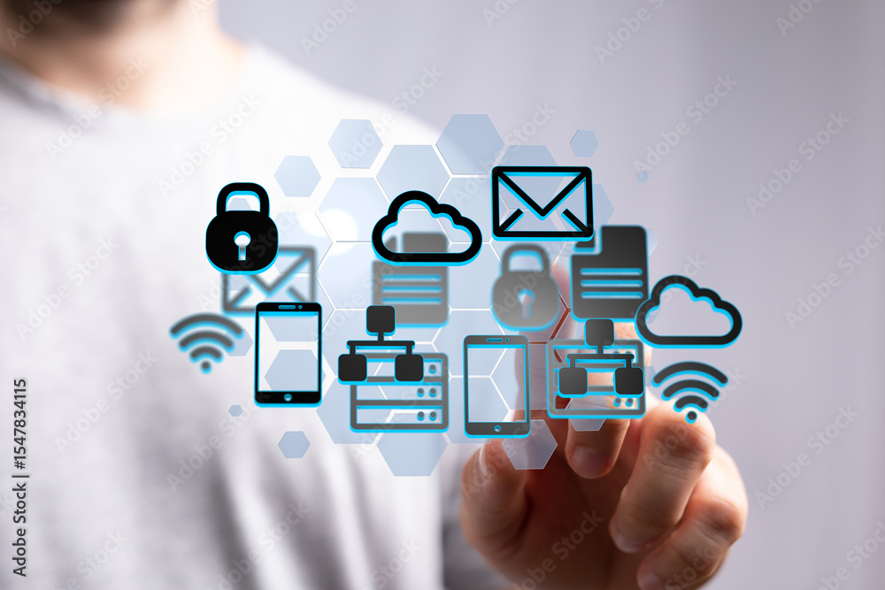 Poster Person interacts with digital icons representing secure cloud storage, data transfer, and network security.