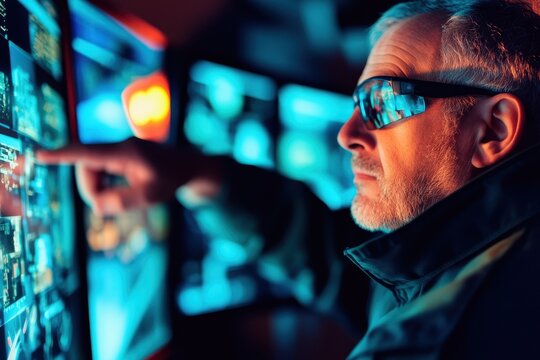 Professional Man Interacting with Futuristic Touchscreen Technology