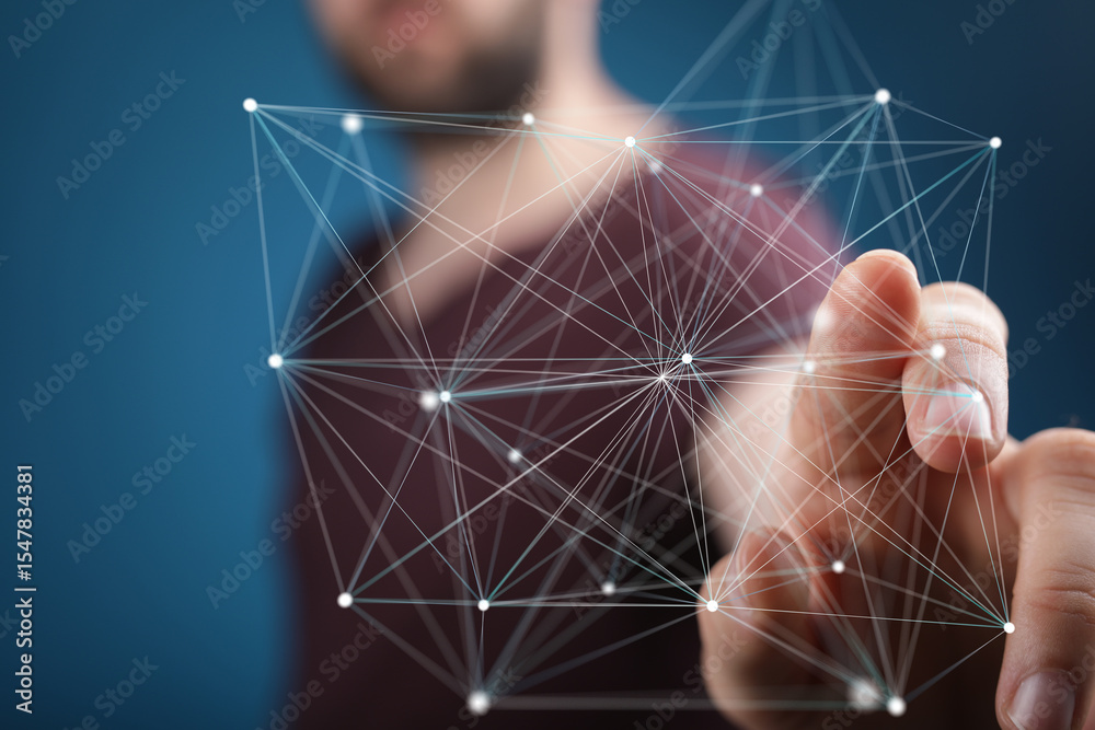 Aufkleber Abstract image of a person interacting with a digital network, representing connection and technology.