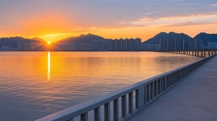 Sunrise cityscape waterfront reflection, tranquil morning, mountain skyline, peaceful atmosphere