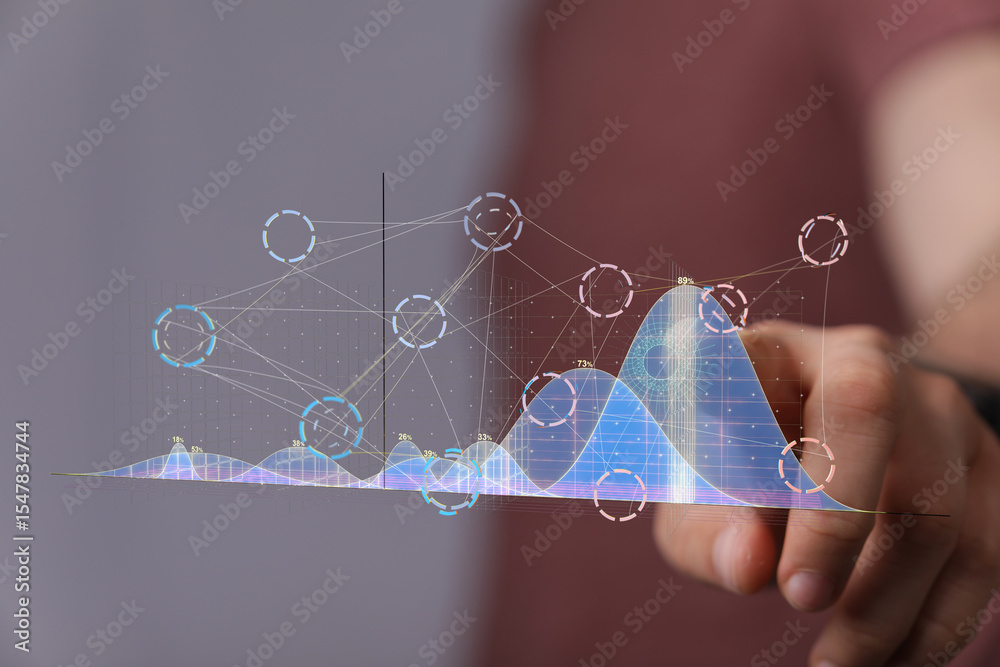 Poster Close-up of a man interacting with a holographic graph, showcasing data analysis and technology.
