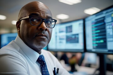 Professional Businessman in Modern Office with Multiple Screens
