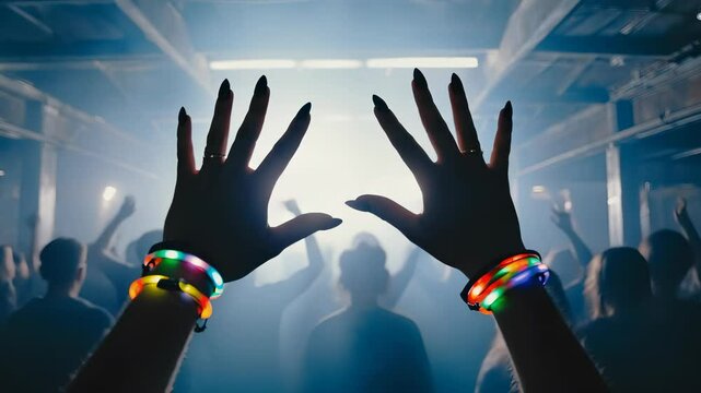 Hands with black nails, adorned with glowing bracelets, push through a lively crowd in a dark warehouse. Strobe lights and fog create an intense atmosphere as attendees dance to the beats