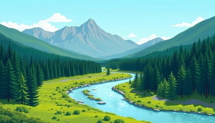 Flat style vector illustration of a serene mountain landscape with a winding river flowing through a lush green forest,  illustration,  summit