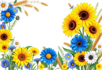Vibrant blue & yellow floral border with sunflowers, cornflowers, dandelions, gerbera daisies, wheat & leaves,  texture,  wildflowers