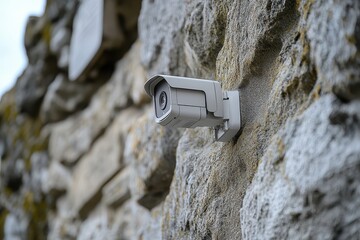 Security Surveillance Camera Mounted on Rough Stone Wall Exterior