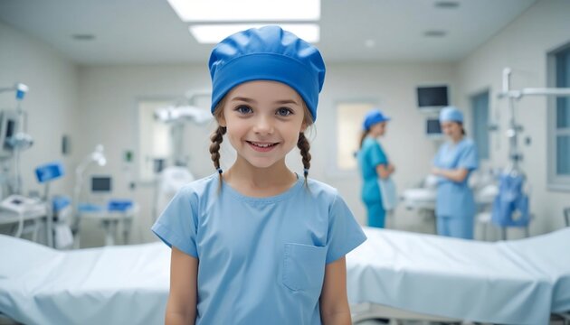 portrait of a little girl in hospital clothes and a blue cap, smiling child looking into the camera on the background of a hospital ward, operating room, blurred pediatric department generative ai - Powered by Adobe