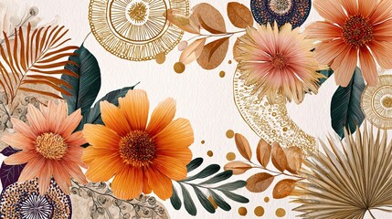 Boho Style Colorful Lin. Abstract contemporary aesthetic background with geometric balance shapes. Vintage Boho Mandala Background Texture. Leaves and flowers.