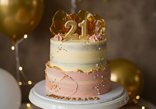 Elegant Two-Tier 21st Birthday Cake with Gold Decorations | Celebration Dessert for Birthday Party, Milestone Event, and Greeting Cards