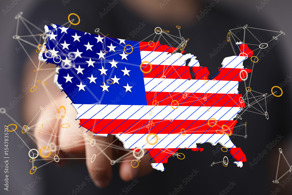 Poster Stock photo of a US map with network connections, representing digital connectivity and data flow across the nation.