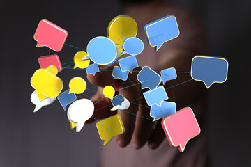 Interactive network of speech bubbles, representing global communication and digital connections.