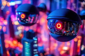 Surveillance Cameras in a Vivid Urban Setting with Neon Lights