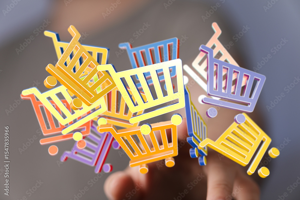 Aufkleber Abstract 3D rendering of colorful shopping carts, perfect for e-commerce and online shopping concepts.