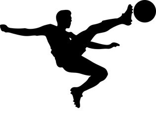 Stylish dynamic zoom pose of a soccer player with his foot on ball silhouette.