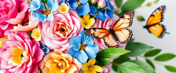 Vivid watercolor floral bouquet, blush pink, blue, yellow flowers, green leaves, butterfly,  romantic,  bouquet