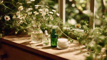 Chamomile flowers and skincare products sit by a sunlit window