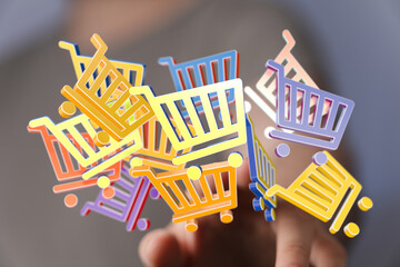 Abstract 3D rendering of colorful shopping carts, perfect for e-commerce and online shopping...