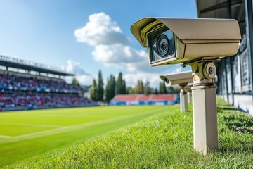 Surveillance Camera Overlooking Green Grass Pitch in Stadium Setting