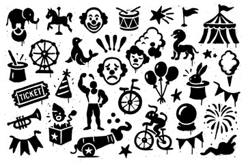 Circus and Carnival Graffiti Icons – Black Spray Paint Symbol Collection