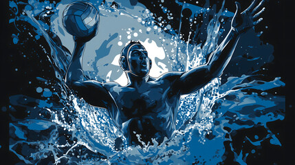 Explosive water polo action splash illustration with athlete emerging from water, dynamic pose, dramatic lighting, blue monochrome, graphic sports art style

