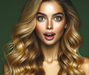 Fototapeta premium Stunning blonde woman with long wavy hair and glowing skin, looking surprised against a green background. Beauty, fashion, haircare, skincare, cosmetics. Lifestyle advertising.