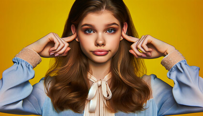 Teen girl with a playful expression covering her ears, standing against a vibrant yellow background. Ideal for concepts of attitude, emotions, teenage life, communication, humor, and self-expression.