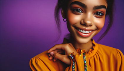 Vibrant portrait of a confident young woman smiling against a purple background, wearing a colorful outfit. Beauty, self-confidence, diversity, fashion, and joyful lifestyle. Copy space.