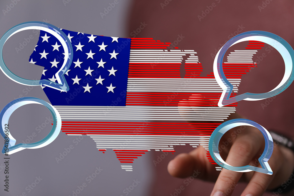 Aufkleber Digital illustration of a US map with chat bubbles, representing communication and networking.