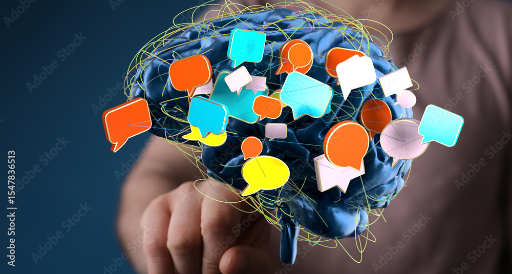 Poster Conceptual image of a brain with colorful speech bubbles, representing communication, ideas, and brainstorming.