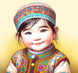Charming Asian baby girl in colorful traditional ethnic costume and embroidered hat, smiling warmly. Concepts of cultural heritage, childhood, tradition, and festive celebration.