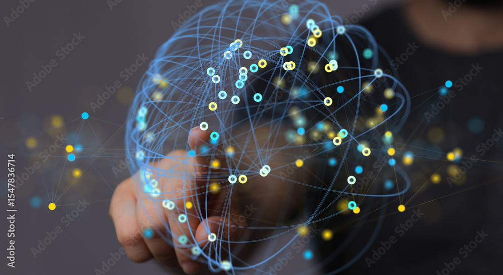 Poster Abstract image of a hand interacting with a digital network. Represents connection, technology, and data.