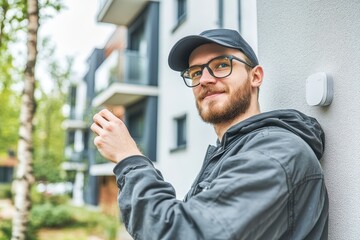Young man with glasses and cap enjoying coffee outdoors in city