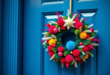 Vibrant pom-pom, feather & bauble Christmas wreath on a bright door ,   door decoration,   quirky