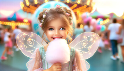 Little girl dressed as a fairy enjoying cotton candy at a colorful carnival. A magical and joyful moment capturing childhood wonder, fantasy, happiness, and the enchantment of festive celebrations.