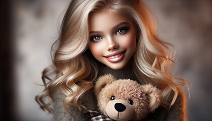 Adorable young girl with long blonde curls smiling warmly while holding a soft teddy bear. A heartwarming portrait capturing childhood innocence, joy, comfort, and emotional warmth in a cozy setting.
