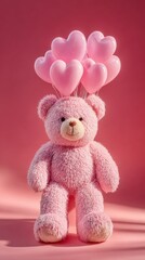 Pink teddy bear with heart balloons on pastel background for Valentine