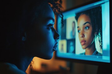 Young Woman Engaged in Digital Art Creation on Computer Screen