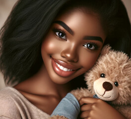 Young woman with a radiant smile hugging a soft teddy bear in a cozy indoor setting. A heartwarming portrait capturing joy, comfort, emotional warmth, and the essence of self-care and happiness.