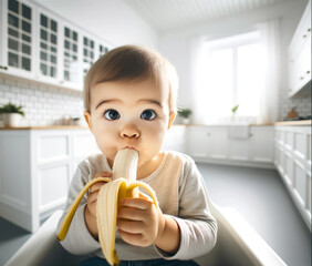Adorable baby sitting in a bright kitchen, eating a banana with wide eyes full of curiosity. A perfect moment capturing healthy eating, childhood innocence, and early nutrition in a family home settin