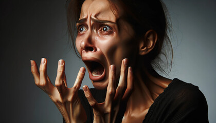 Intense portrait of a terrified woman screaming in panic, capturing raw emotion, fear, and psychological distress. Powerful concept for mental health, horror, trauma, and emotional expression themes.
