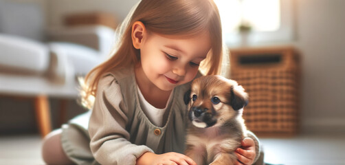 Adorable little girl gently cuddling a puppy in a cozy, sunlit room. A heartwarming moment of childhood innocence, love, and the special bond between kids and pets. Family and lifestyle.