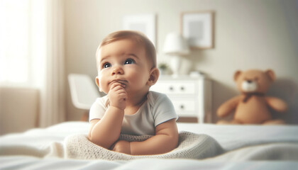 Adorable baby lying on a bed in a cozy nursery, gazing thoughtfully with a hand near the mouth. Soft natural light, warm atmosphere, and childhood innocence captured in a heartwarming family moment.