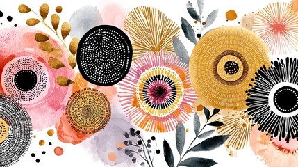 Boho Style Colorful Lin. Abstract contemporary aesthetic background with geometric balance shapes. Vintage Boho Mandala Background Texture. Leaves and flowers.