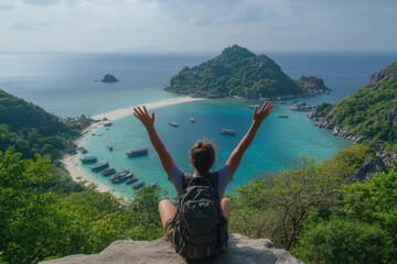 Woman with Backpack Enjoys Beautiful Island View