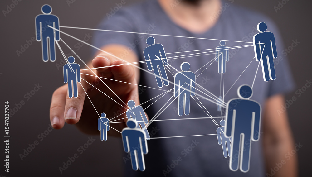 Poster Image of a hand interacting with a digital network of people, symbolizing connection and communication.